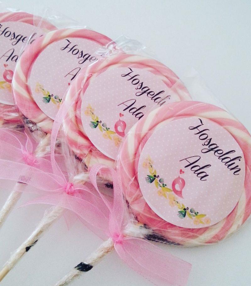 20 ADET ETİKETLİ KURDELELİ PEMBE BEYAZ LOLİPOP BEBEK ŞEKERİ L39